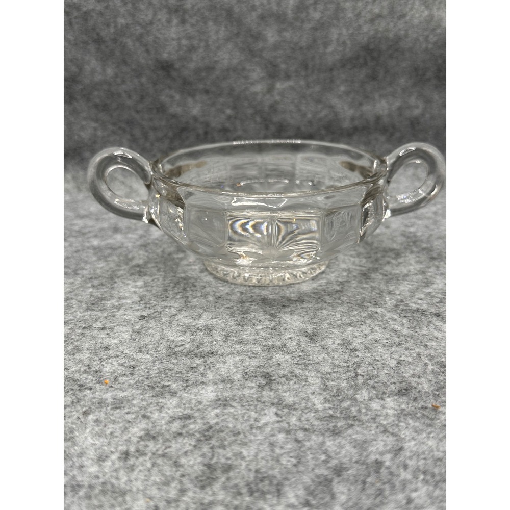 Vtg Clear Pressed Glass Sugar Bowl Etched Floral Double Handle Starburst Base